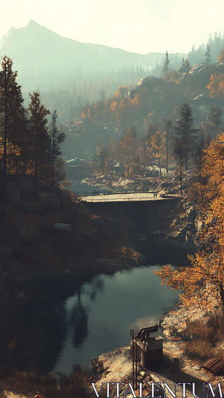Cinematic digital landscape depicts misty river gorge and bridge