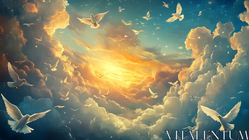 Flock of white doves circles glowing sunset sky between clouds