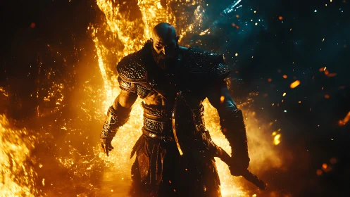 Armored warrior emerges from infernal flames in cinematic contrast