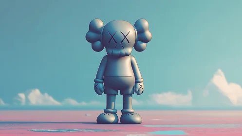 Stylized toy figure standing on pastel open landscape.