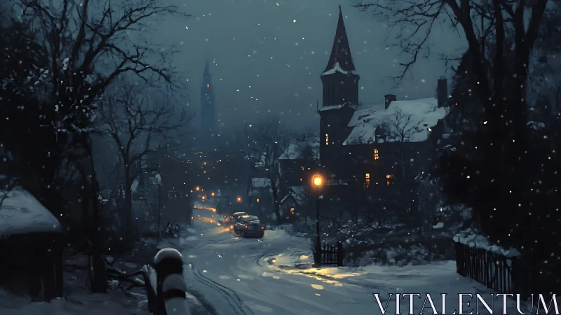 Snowy village street curves under warm lamplight at dusk