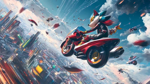 Cyberpunk aerial chase with anthropomorphic rider on hoverbike.