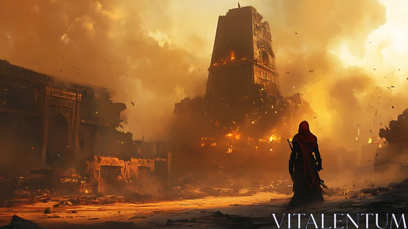Lone cloaked figure in front of burning ruined tower.
