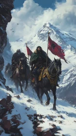Bold riders carry crimson banners across icy mountain pass