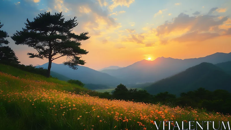 Sunlit wildflower hillside with silhouetted pine and blue ridges.