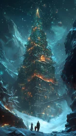 Towering winter tree city blazing with warm festive light.