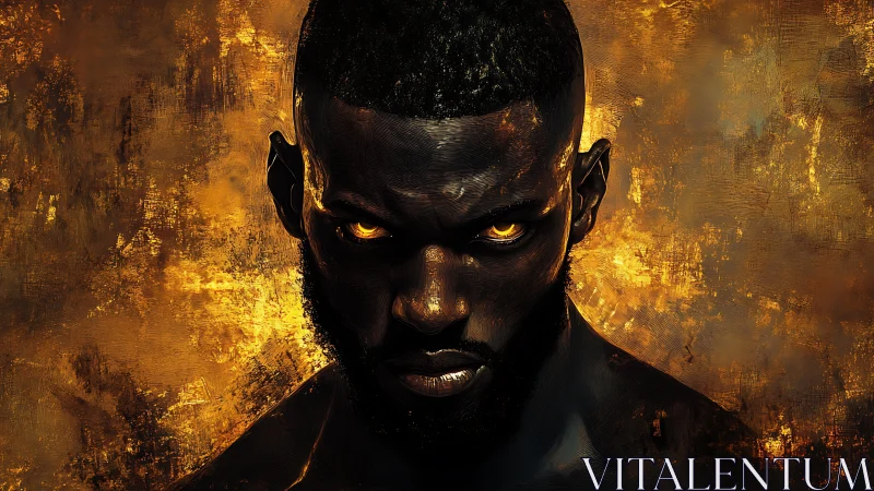 Digital portrait depicts intense male face amid fiery backdrop