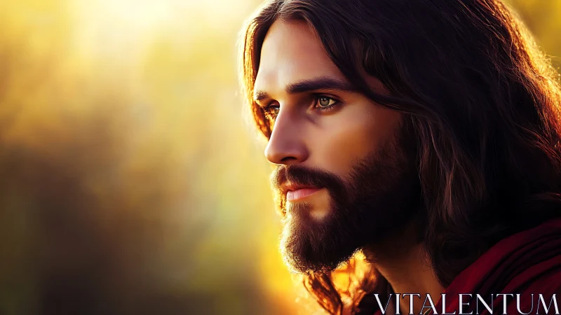 Profile portrait shows long-haired bearded man in warm light