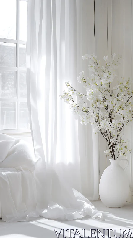 Soft morning light with white blossoms by a quiet window.