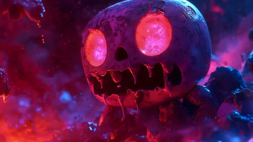Lurid molten pumpkin skull in neon magenta and cyan fog.