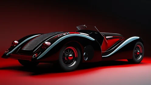 Streamlined retro roadster under dramatic red glow.