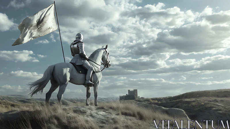 Armored knight on horseback surveying distant stone castle.