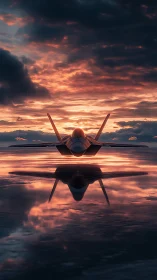 Stealth jet silhouette mirrored in cinematic sunset haze.