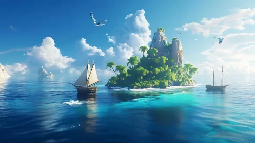 Tropical Island Sailing Adventure: Dual Vessels Navigate Turquoise Waters.
