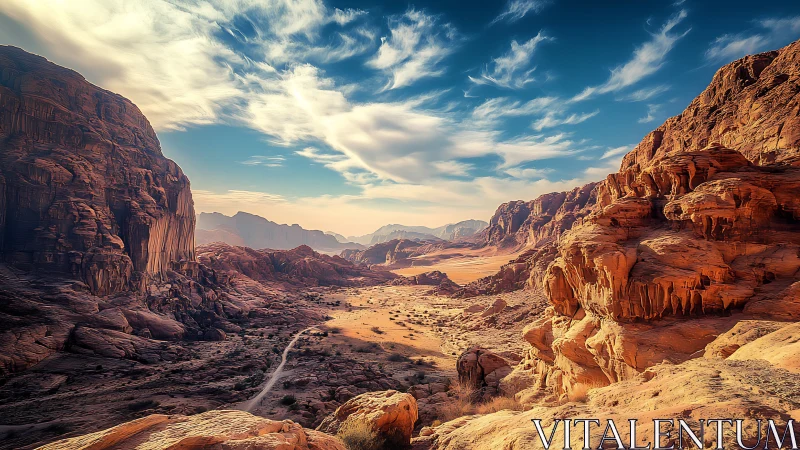 Desert canyon valley with rocky cliffs under bright sky.