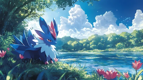 Gentle blue creature resting by a bright, peaceful riverside.
