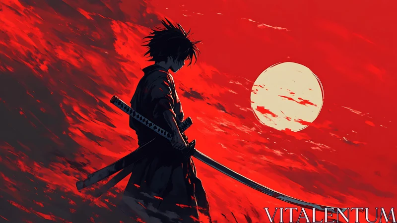 Silhouetted ronin profile against crimson sunset sky panorama