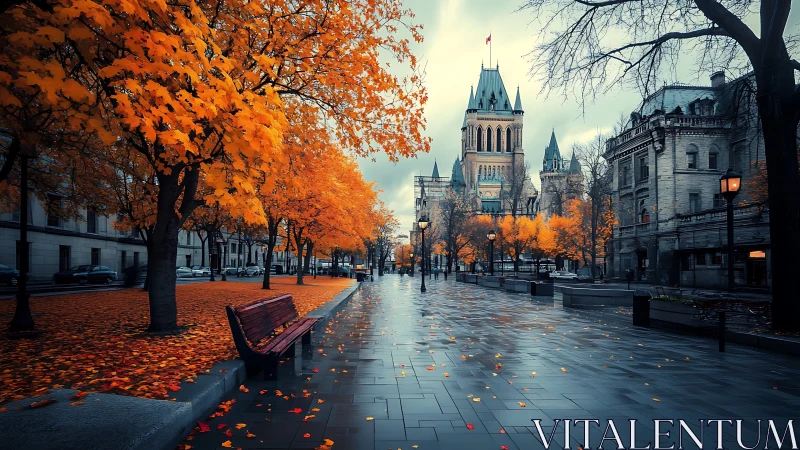 Autumn city boulevard directs gaze toward neo-gothic tower