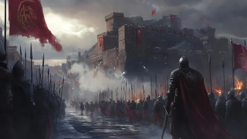 Armored medieval phalanx advances on fortress under stormy sky