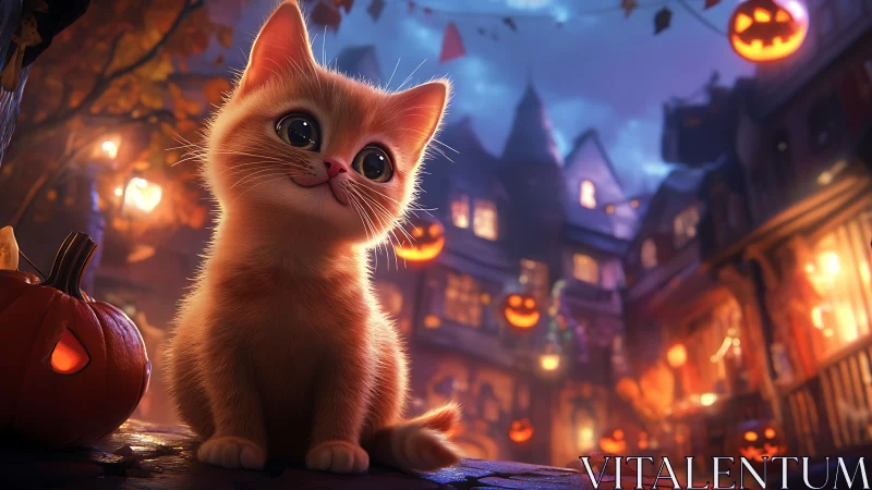 Red kitten in Halloween-themed village at dusk.