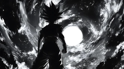 Lone anime warrior confronts a swirling cosmic light storm