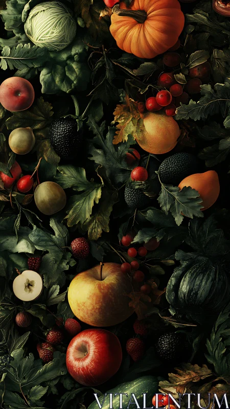 Autumn harvest fruits and vegetables arranged over dark foliage