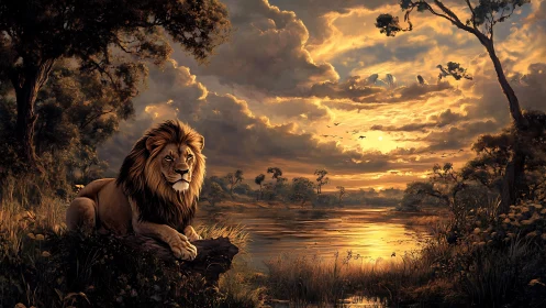 Lion watches golden river under storm lit savanna sky.