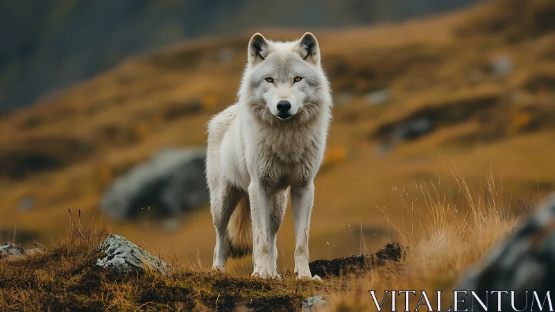 White wolf stands on grassy hillside in shallow depth of field