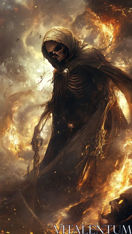 Grim reaper strides through swirling infernal storm.