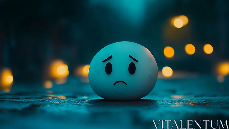 Spherical emoticon object rests on wet surface at night