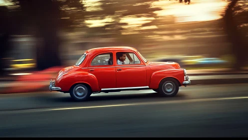 Vintage red compact car in lateral motion blur at sunset