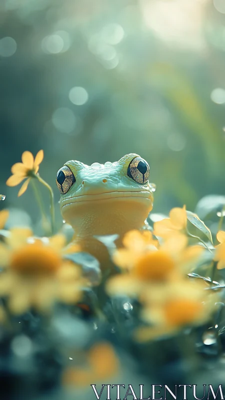 Tree frog portrait framed by soft-focus wildflowers glows