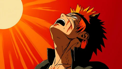 Sun-scorched anime warrior shouting into blazing sky.