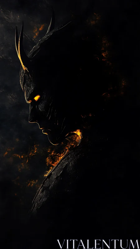 Infernal horned demon profile in burning shadowed gloom.