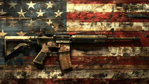 Weathered rifle poised against a scarred American flag backdrop.