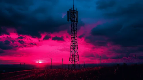 Cell tower silhouette under neon magenta storm sky.