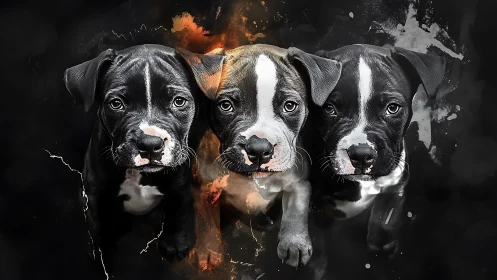 Three digitally rendered puppies face forward against dark background
