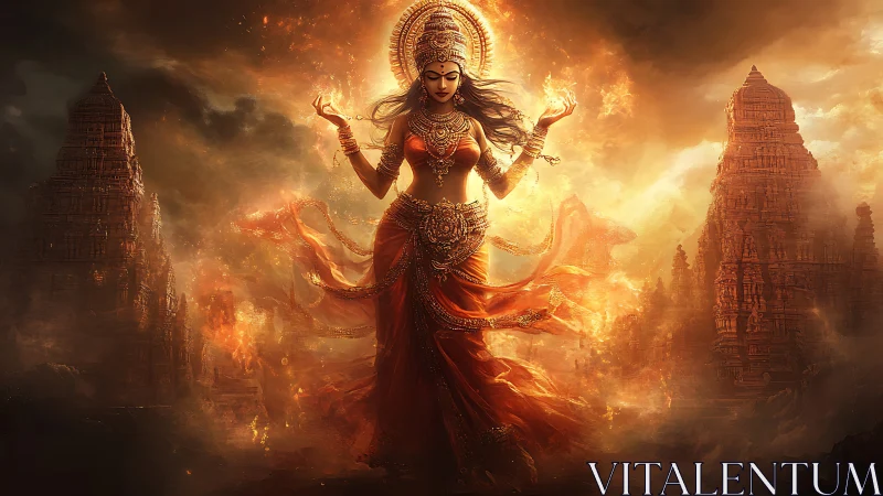 Radiant fire goddess rises in swirling light above temples