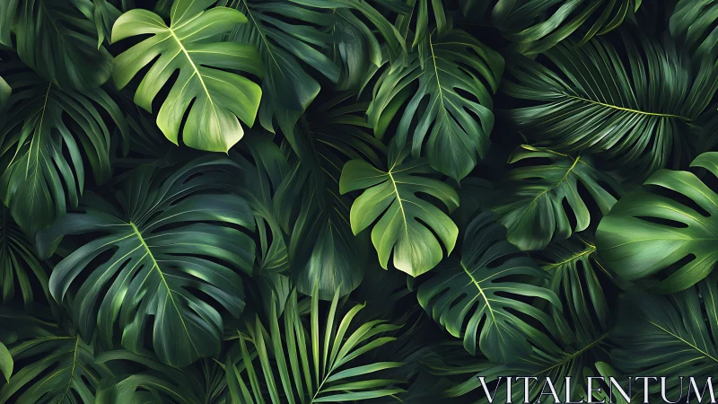 Dense tropical monstera foliage fills frame with deep greens