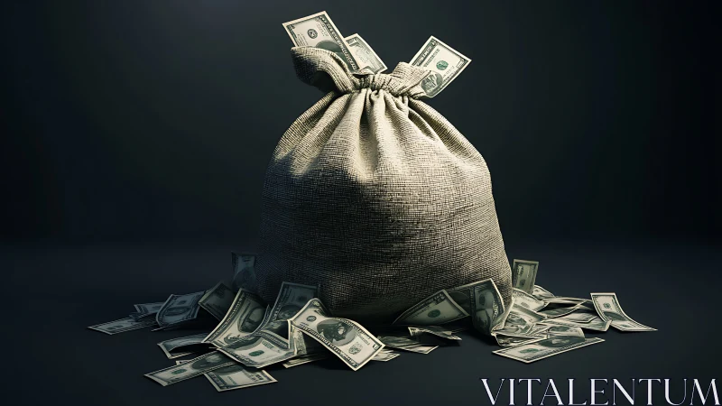 Money bag stands on dark surface with loose dollar bills
