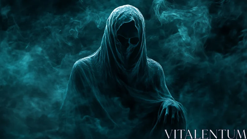Shrouded reaper leans from swirling teal mist and waits