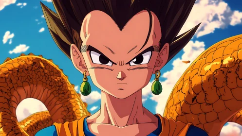 Anime warrior portrait with celestial dragon backdrop framing.