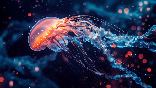 Luminous jellyfish drifts through neon-lit ocean dreamscape.