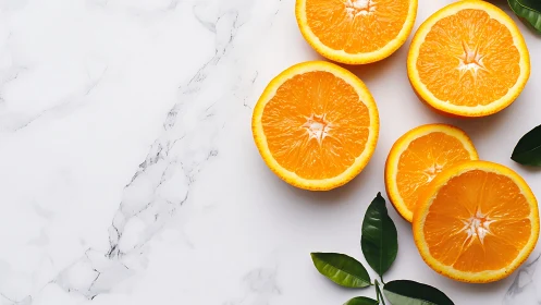 Fresh orange halves rest on clean white marble surface