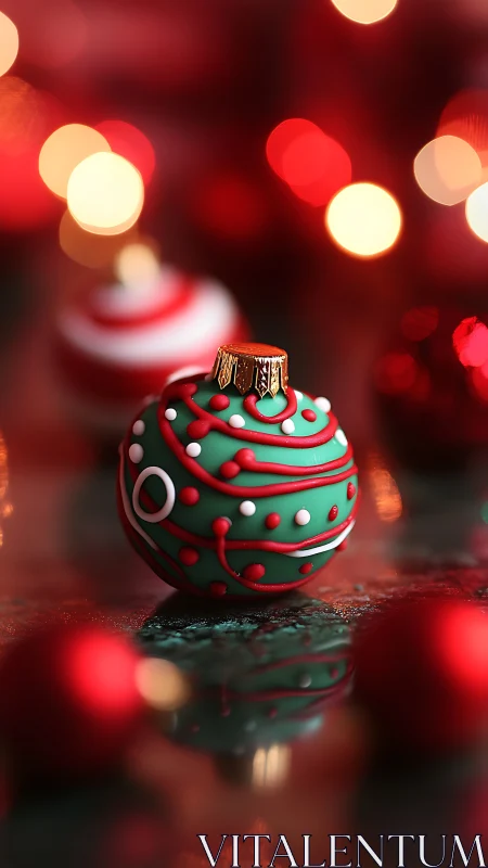 Green ornament with red and white pattern on reflective surface.