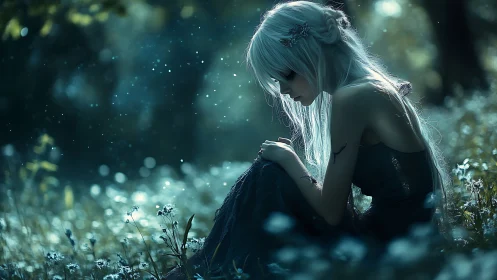 White haired figure sits in backlit forest clearing at dusk