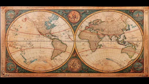 Vintage double-hemisphere world map with ornate border.