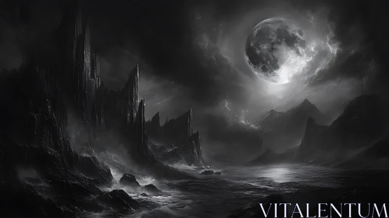 Moonlit storm over jagged black cliffs and restless sea.