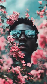 Portrait subject framed by dense pink blossoms and reflections