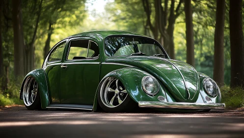 Photorealistic lowrider Beetle in shaded forest lane stance.